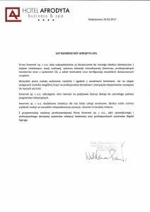 Reference letter: Hotel Afrodyta, Radziejowice