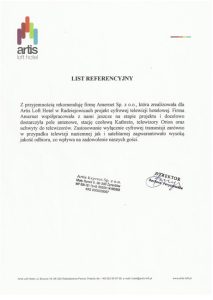 Reference letter: Artis Loft Hotel w Radziejowicach